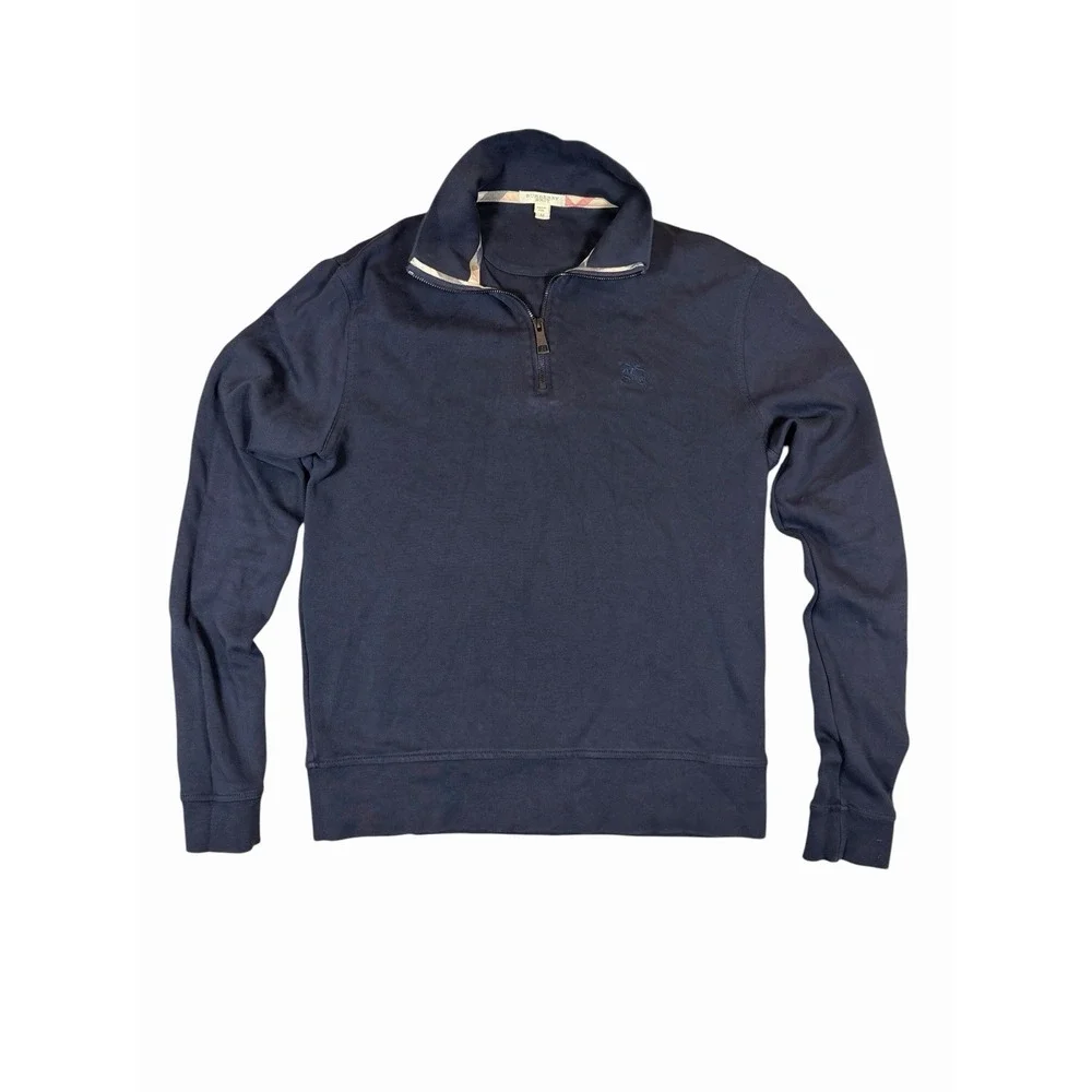 Burberry Brit Mens M Blue 1/4 Zip Pullover Sweater Nova Check Cotton Authentic